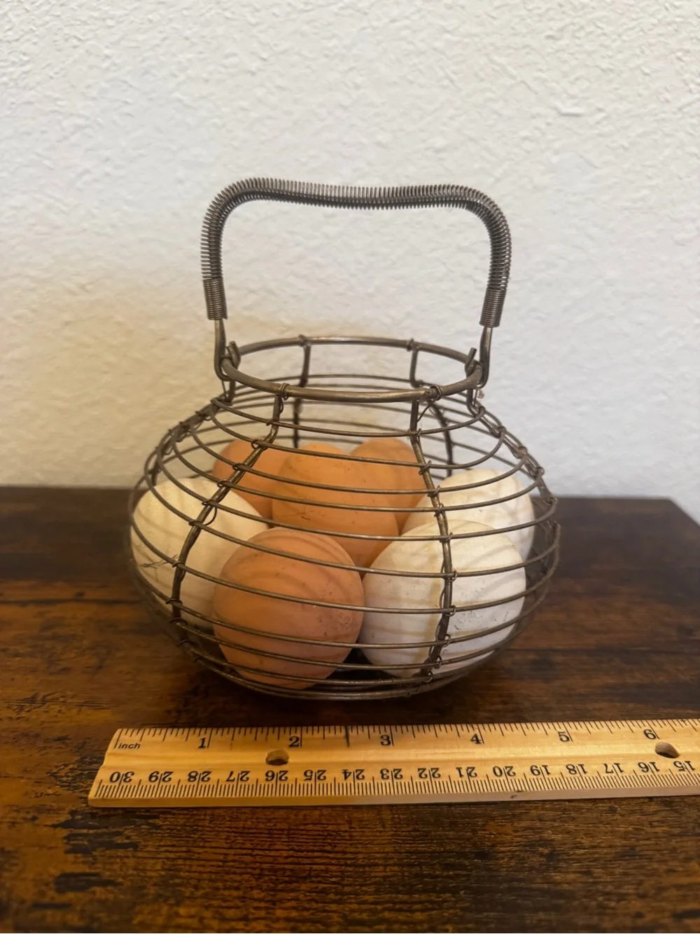 Vintage Wire Egg Basket with Faux Eggs Rustic Farmhouse Cottagecore Decor
